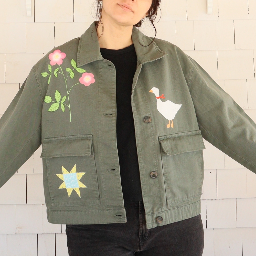 Hand Painted Olive Utility Jacket Rose Goose Patchwork Quilt Star L • XL • 2XL - Picture 1 of 13
